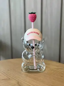 2026 New Cute Beaar Glass Tumbler with Bear Lid & Strawberry Straw, Holiday Teddy Bear Cup，20oz Reusable Aesthetic Teddy Bear Cup for Iced Coffee, Boba Milk Tea, Matcha, Juice, Smoothies & Cold Drinks, Dishwasher Safe