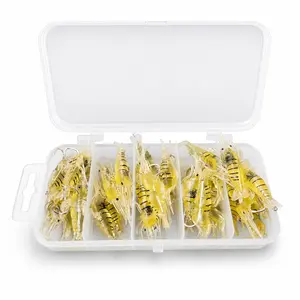 Pre-Rigged Soft Plastic Shrimp Lures with Hooks - 30PCS/60PCS Realistic PVC Grass Shrimp Bait Kit, Easy Setup, Organized Box Packaging for Bass, Crappie Fishing, Panfish, Light Inshore Species