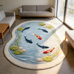 1pc Fashion Fresh Irregular Living Room Carpet, Koi Fish Lotus Leaf Water Grass Pattern, Creative Home Decor Bedroom Bedside Plush Rug