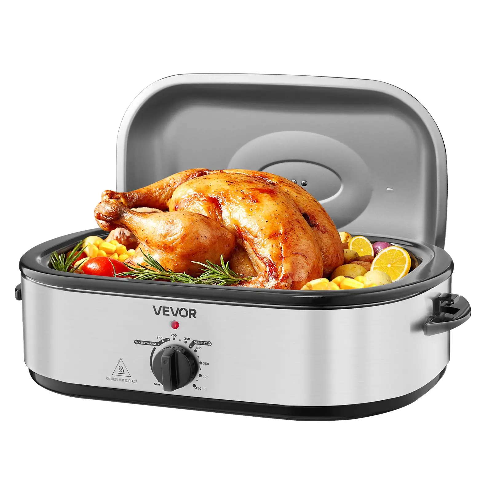 【Summerfinds】VEVOR 18QT Metal Electric Roaster Oven (ckrvrs14-whd, 11.02 lbs), 1450W, 150-450 ℉ Temp Control Knob, Self-Basting Lid, Cool-Touch Handle, Defrost/Warm Functions for Family Holiday Celebration, 23.31x15.67x11.22 in/592x398x285 mm