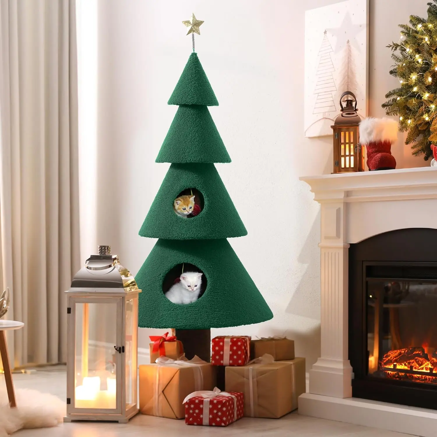 Yitahome 60 inch Cat Tree for Indoor Cats, Tall Cat Tower Furniture with Large Condos, 5ft Christmas Tree Party Decoration with Cat House and Beds