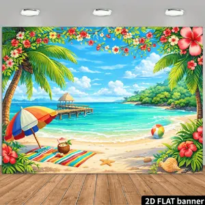 A 2D Backdrop Featuring a Palm Tree Theme, Showcasing a Bright Blue Sky, Fluffy White Clouds, Clear Ocean Water, And Golden Sandy Beaches. The Foreground Includes Palm Trees, Tropical Flowers,