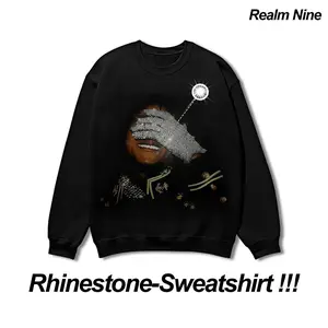 Realm Nine Unisex 100% Cotton Long Sleeve Sweatshirt Sparkly Rhinestone Graphic Top Oversized Streetwear Pullover Casual Outfit Plus Size Women's T-Shirt Print Crewneck