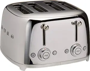 SMEG 4 Slice Toaster TSF03, Retro Stainless-Steel Toaster with Wide Slots for Bagels, 6 Browning Levels, Defrost Reheat Bagel Functions, Dual Controls, Crumb Trays, 1800W - TSF03SSUS - Stainless Steel
