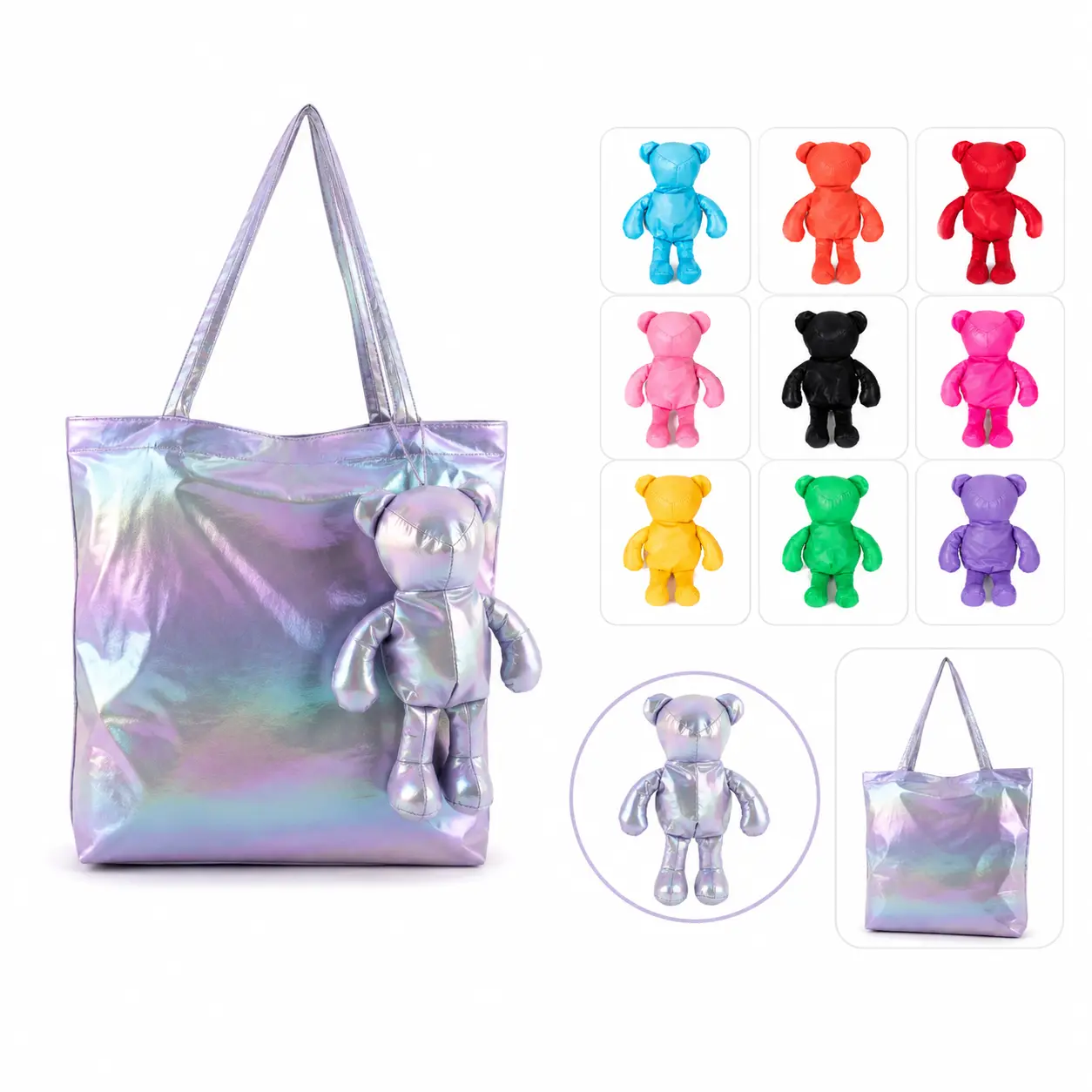 Iridescent Holographic Tote Bag with Detachable  Bear Charm, Y2K Trendy Shoulder Handbag for Women Girls, Cute Aesthetic Large Capacity Purse, Lightweight Waterproof Shopping Bag, Fashion Casual Everyday Tote, Viral TikTok Must Have Gift