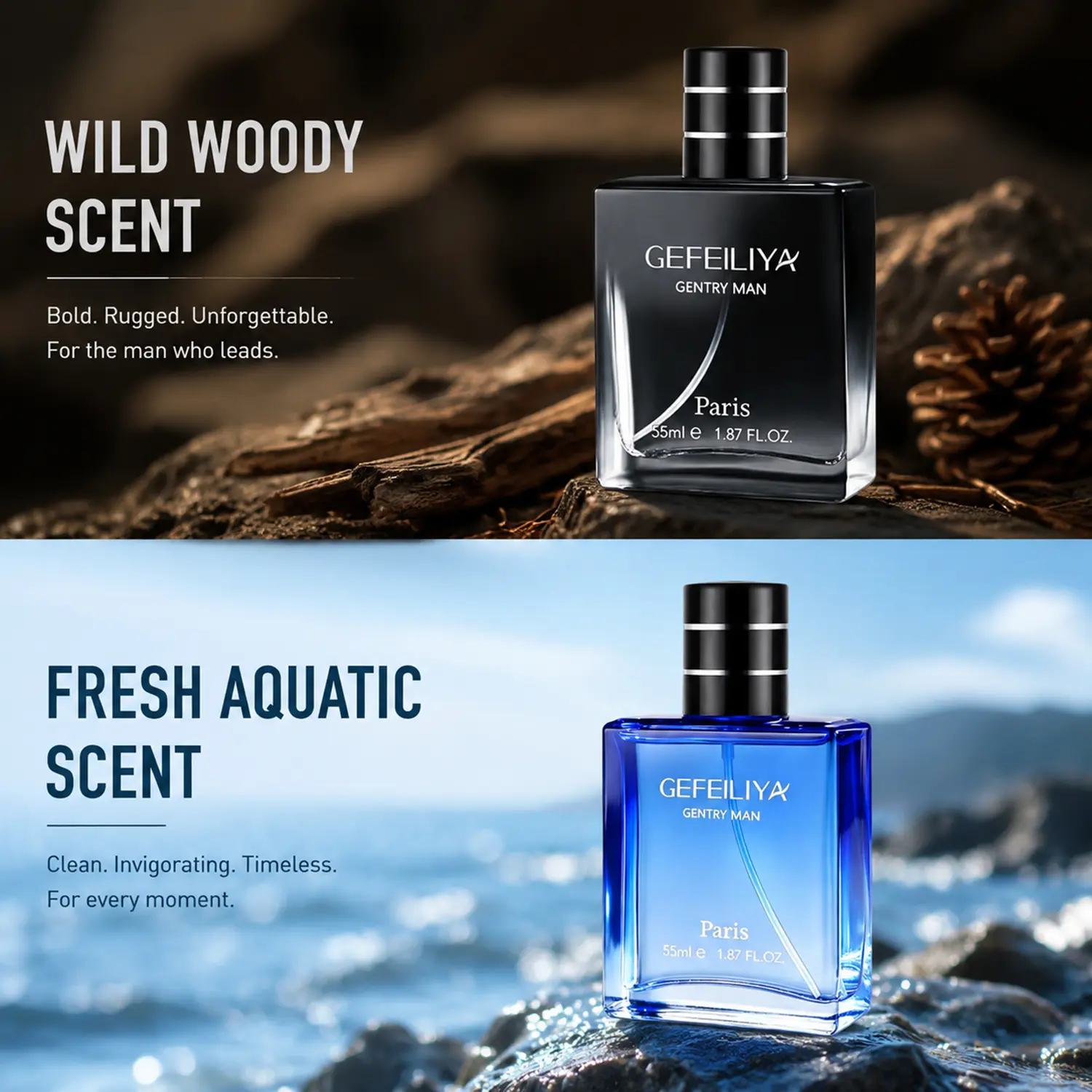 Men's 2pcs Pheromone Cologne Set – Woody & Ocean Scents. long-lasting with floral fruity woody notes. Infused with attraction pheromones to make her obsessed, drive her wild all night, and share intense passionate evenings. Christmas & Valentine's gift.