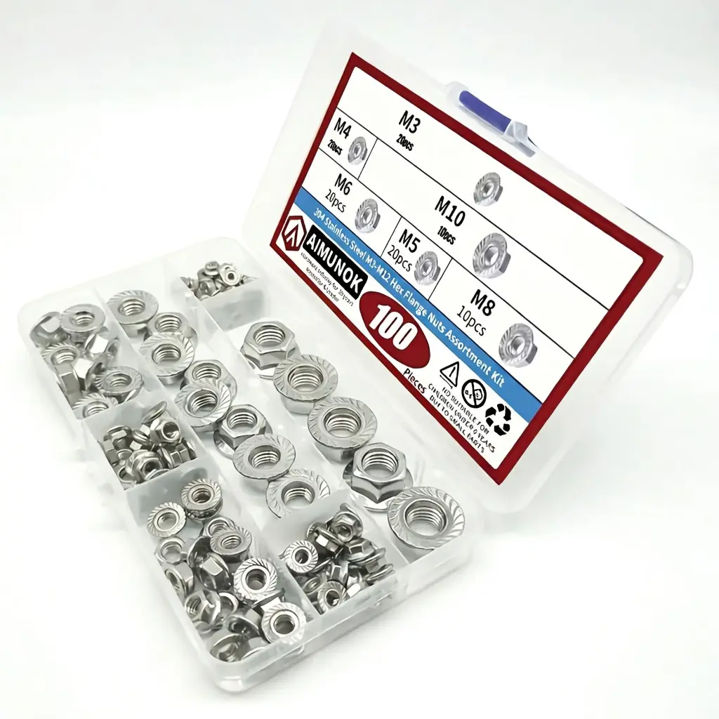 Assortment Kit of 100pcs of 304 Stainless Steel Flange Nuts, Including Hex Lock Nuts in Serrated Metric Sizes M3, M4, M5, M6, M8, And M10, Designed for Secure Fastening And Resistance to Corrosion summerwins