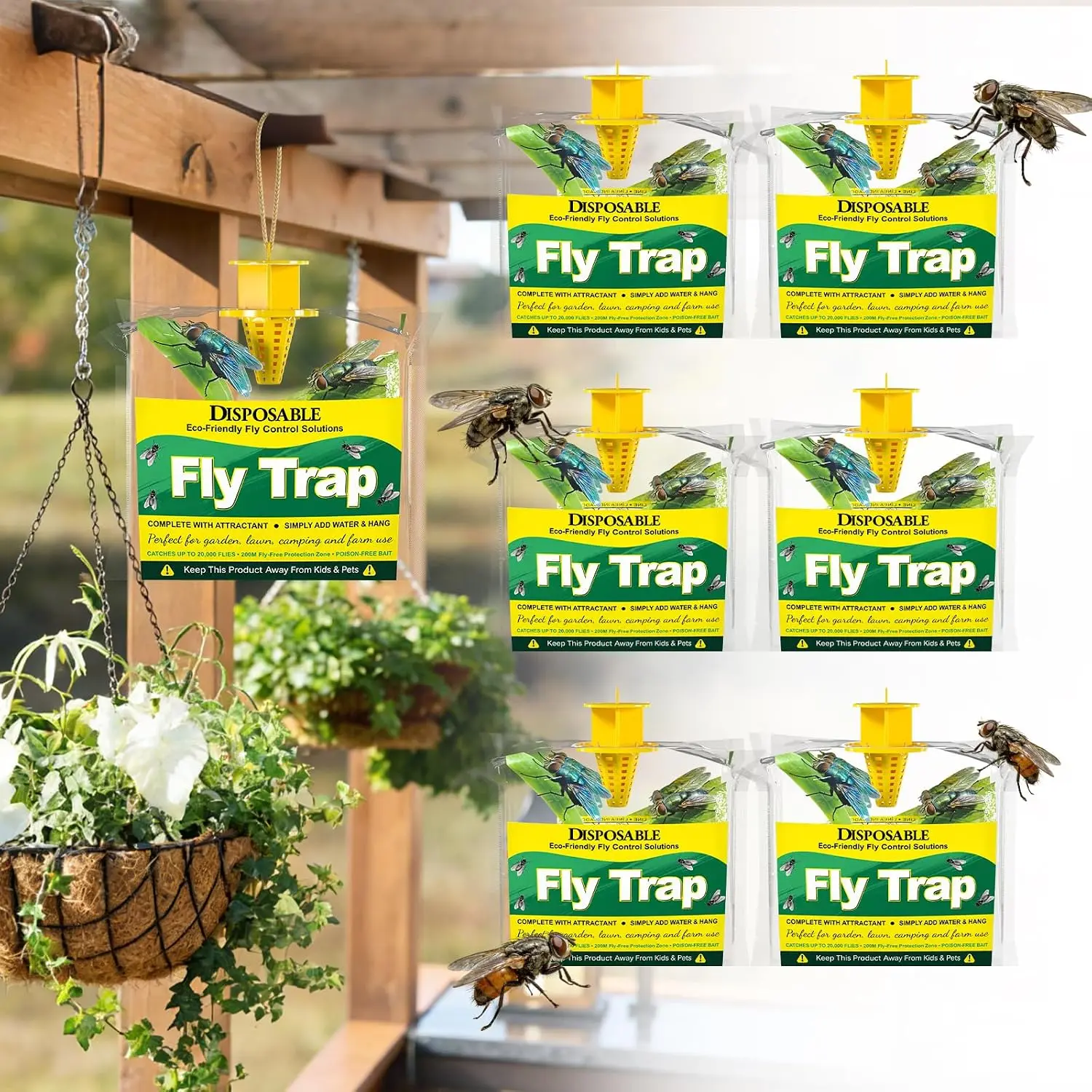 Fly Traps Outdoor with Non-Toxic Bait, Disposable Fly Bags for Patio, Hanging Flying Bug Control, Pest Killer Repellent, Insect Catchers, Ranch, Backyard, Trash Bin, 6 Packs