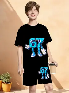 Bottom Cartoon Set! Fun Anthropomorphic Cool Boys Clothes Kids Short Sleeve Two-Piece, Casual Fitted Style, Summer for Kids