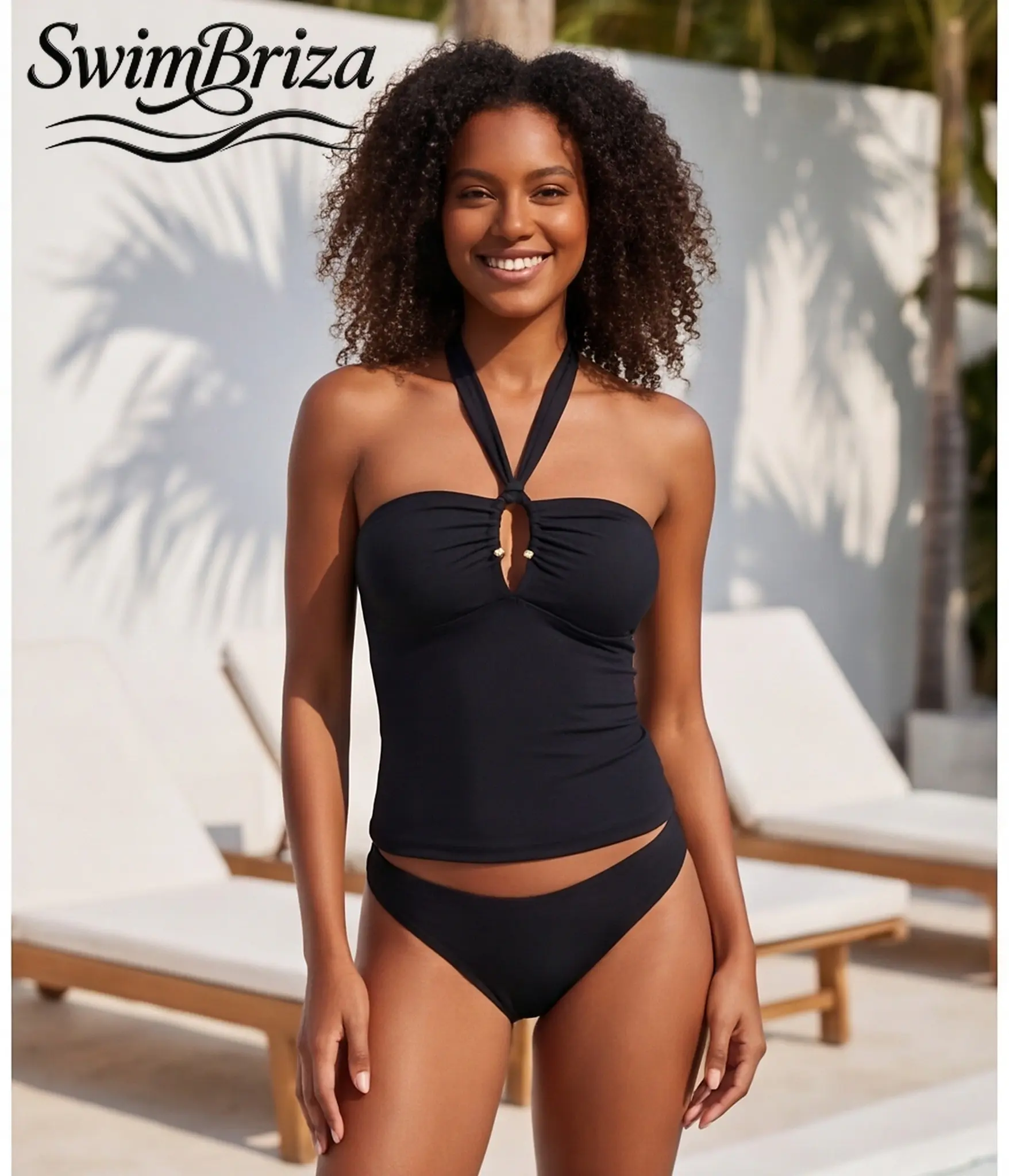Briza｜Solid Black Strapless Slinky Tankini Top with Bikini Bottoms Women's Two Piece Swimsuit Set Confident Vacation Bathing Suit Swimwear, Women's Swimwear, Bathing Suit for Women, Tankini Swimsuit Set, Bikini Set, Resort Cruise Beachwear