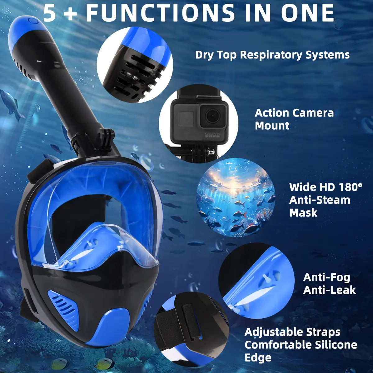 JRing Full-Face Snorkeling Mask, Foldable Diving Gear for Adults with Camera Mount, 180° Panoramic View, Anti-Fog & Leak-Free Silicone Seal