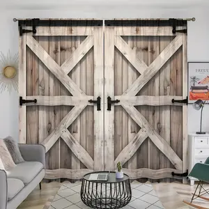 2 pieces, retro wooden door printed curtains, pole pocket design, easy to hang, semi transparent privacy curtains, suitable for bedroom, living room, kitchen, wardrobe, study, home decoration, Interior Decoration Accessories