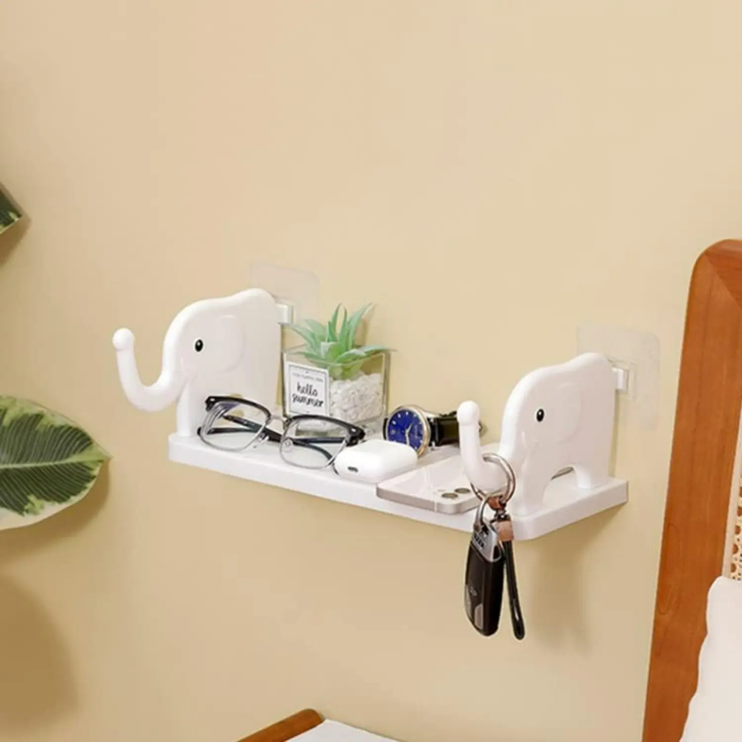 Multifunctional Elephant Shaped Storage Shelf with Wall Hook, Cute Home Goods Shelves for Bedroom Decor, Small White Home Decor Organizer (1PC, Elegant White)
