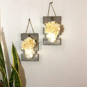 YI LIGHTING Set of 2 Rustic Wall Sconces - Mason Jars Sconce with Wood Board, Flowers, Lights & Remote for Home Wall Decoration Gift