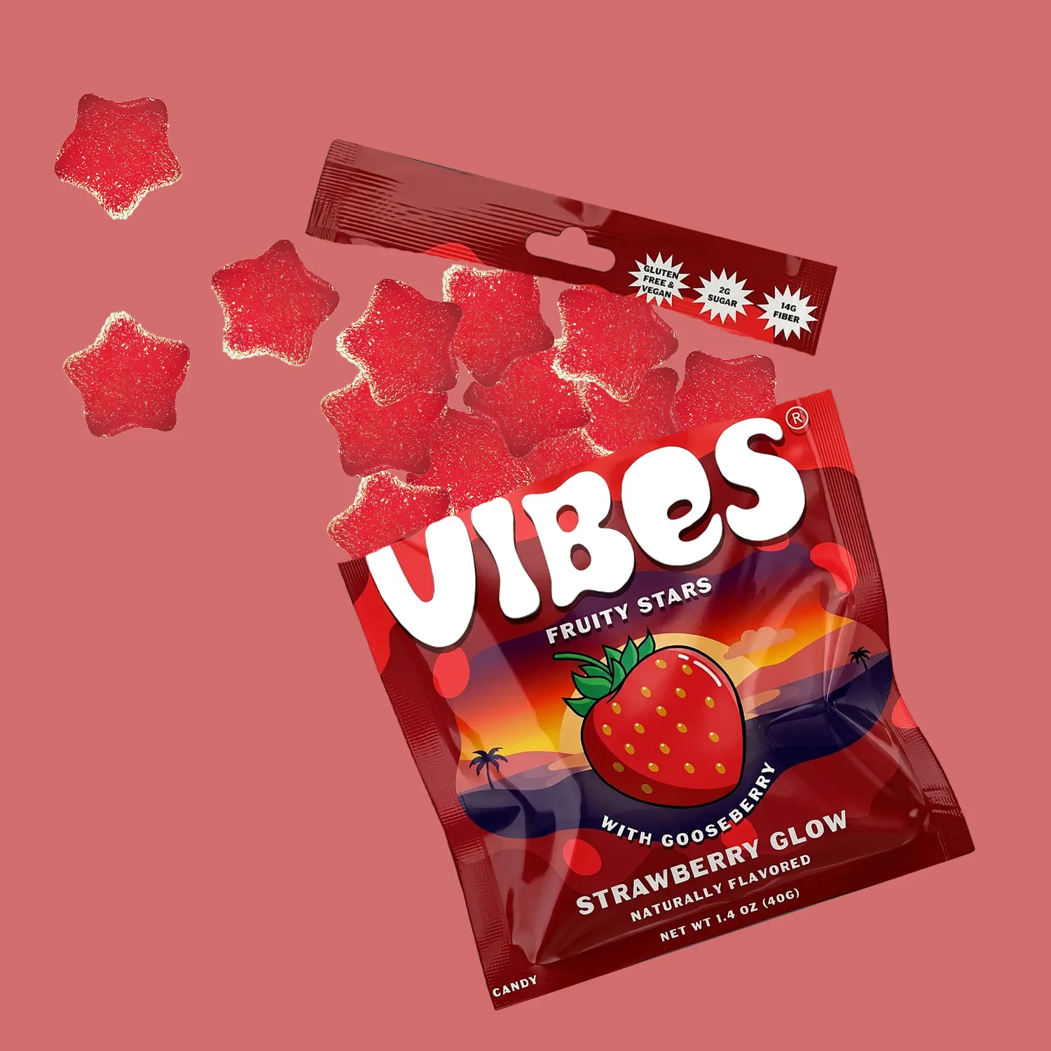 Vibes Candy Strawberry Glow Fruity Stars | 6-Pack Gummy Candy | Sweet, Chewy Snack | Vegan, Gluten-Free, Low Sugar, High Fiber