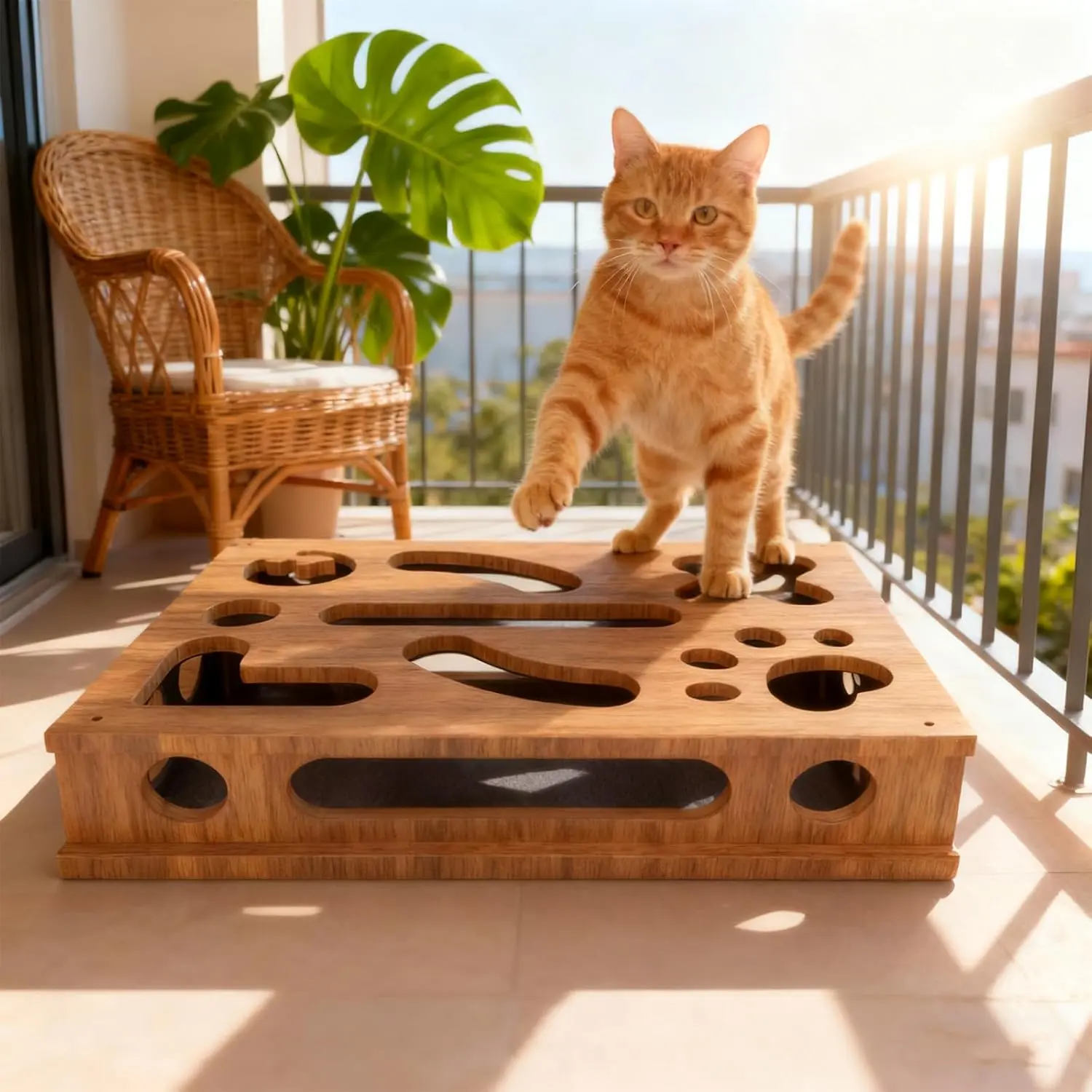 Natural Wood Textured Freestanding Cat Scratcher Puzzle Toy Enrichment Box - Traditional Solid Wood Post Alternative with Soft Sandpaper Nail File for Boredom Relief, Claw Health, Indoor Cat Stimulation (Brown)