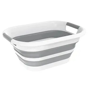 30L Collapsible Plastic Laundry Basket, Foldable Pop-up Storage Container, Space Saving Washing Tub Organizer (White/Grey)