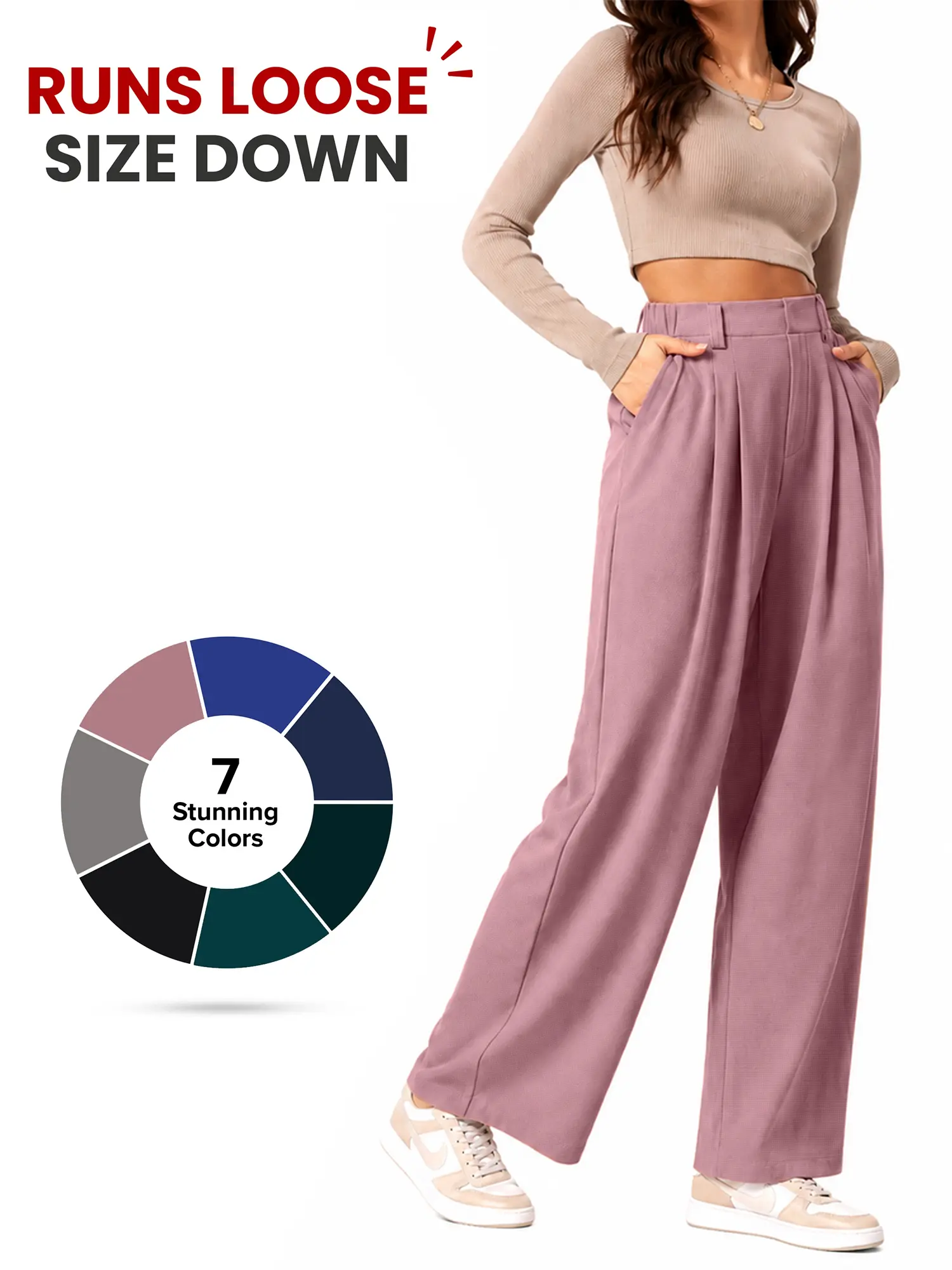 Relaxed Fit | Size Down Recommended | Women's High Waisted Wide Leg Waffle Pants with Pockets, Stretch Business Casual Pants, Comfortable Office Trousers #Dealsforyou