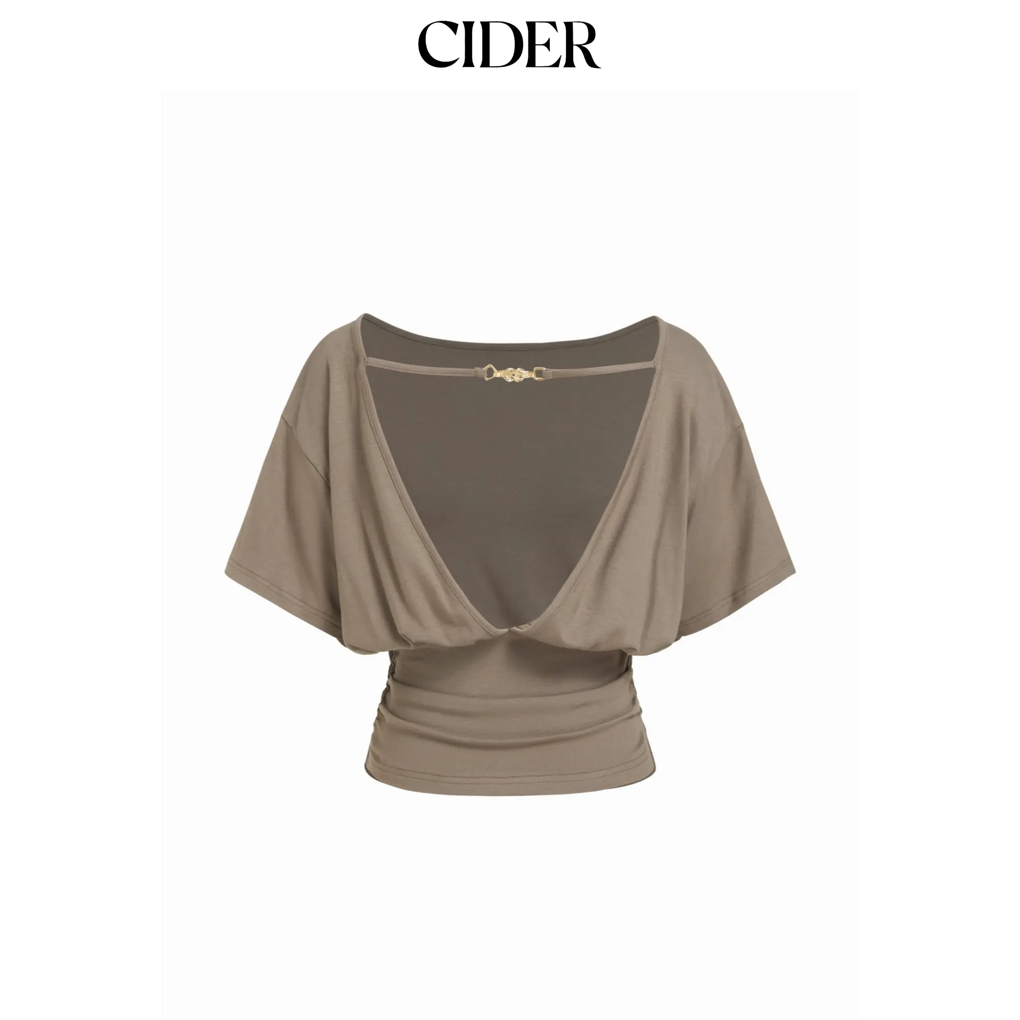 Cider Women's Casual Oversized Boat Neck Crop Tee with Batwing Sleeves and Backless Drawstring Metal Detail, Shortsleeve, Basic, Top, Elastane, High Stretch, Button, Crop Top, Oversize Tee, Casual Basic, Rayon Blend, Knit, Shirts