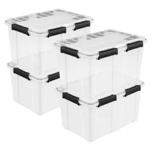 Sterilite 54 Qt Gasket Box, Stackable Storage Container with Lids, Black, 4 Pack