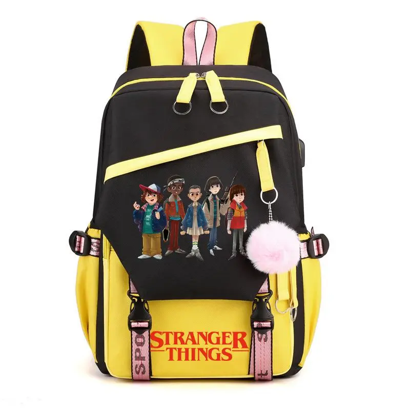 Stranger Things Backpack for Teens, 15.6 Inch Laptop School Bag with USB Charging Port & Fluffy Pom Pom Pendant, Casual Travel Rucksack for Boys Girls