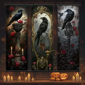 3 Counts Halloween Hanging Banner, Gothic Ravens Roses Posters, Halloween Mural And Decorative Posters, Fun Party Decorations, Horror Themes, Living Room, Bedroom, Home Posters, High Definition, Waterproof, Ideal Gifts