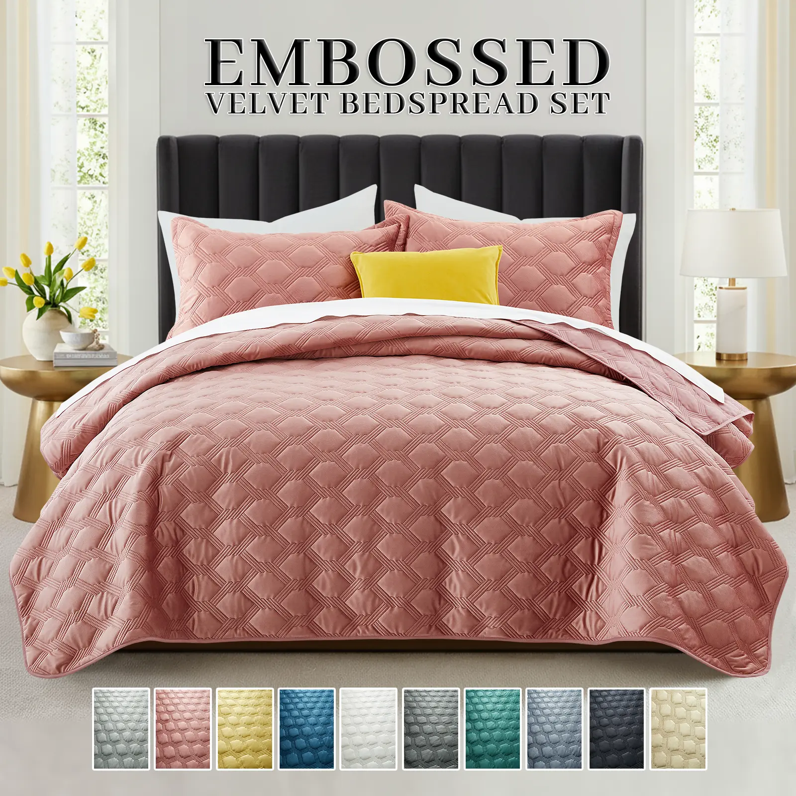 Ultrasonic Embossed Lydia Velvet Bedspread Set – Soft Quilted Microfiber Bedding Set with Pillow Shams, All-Season Lightweight Warmth, Wrinkle & Fade Resistant Coverlet in Twin(1-Piece), Full/Queen(2-Piece) & King(3-Piece) sizes