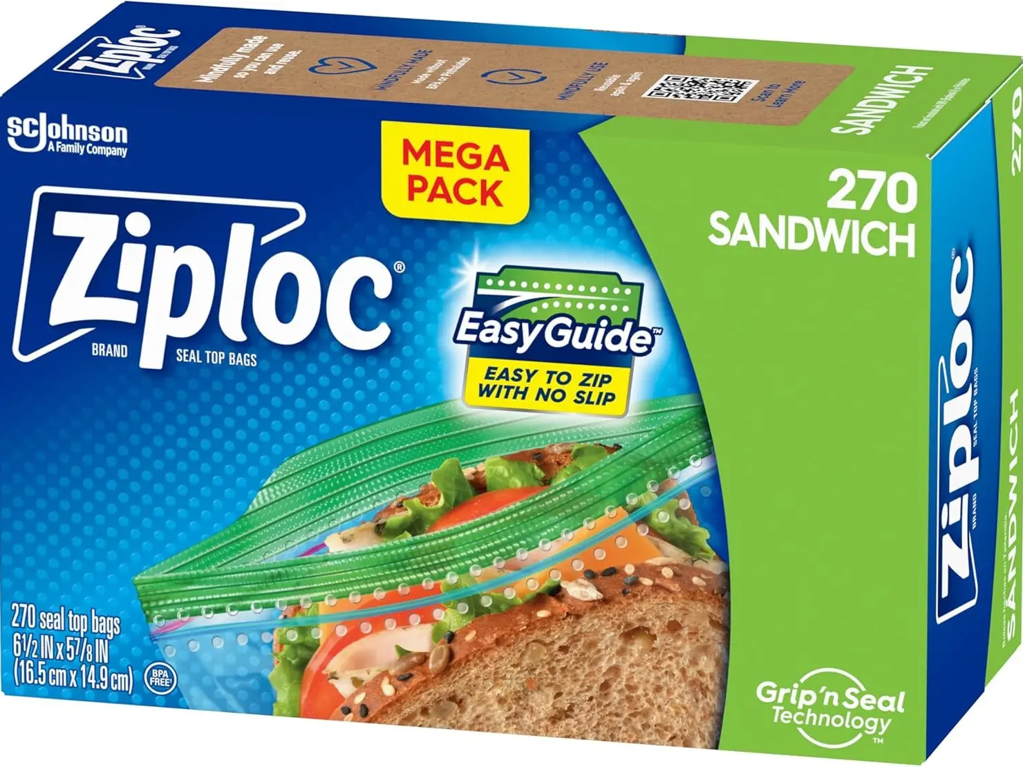 Ziploc Brand Sandwich and Snack Bags with EasyGuide Texture 270 Bags Total Grip n Seal Technology Mega Pack Plastic Storage Bags
