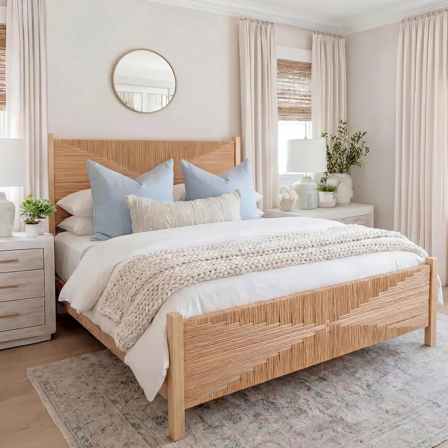 Yechen Handwoven Rattan Wooden Platform Bed Frame - Tall Headboard & Footboard, Mid-Century Modern Vintage Pattern, Boho Bedroom Furniture, Metal Slats, No Box Spring Needed (Queen, King Size)