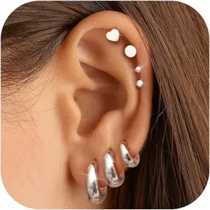 LOLIAS Chunky 14K Gold Plated Hoops Earrings for Women Hypoallergenic - 7 Pairs Surgical Stainless Steel Flat Back Stud Hoop Earring Stack Small Cartilage Earrings Sets for Multiple Piercing