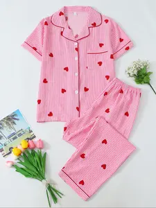 Women's Heart Print Short Sleeve Pajama, Casual Comfy Striped Print Lapel Neck Pocket Shirt & Pants PJ Set, Ladies Sleepwear for All Seasons, Loungewear, Pajamas Lounge Set