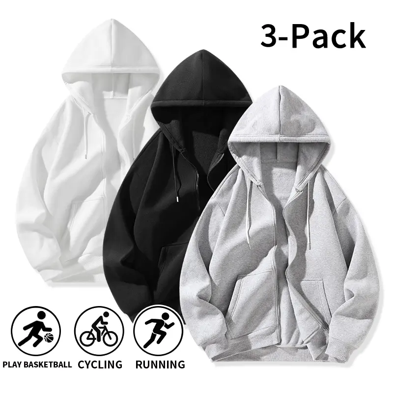 3-Pack Men’s Minimalist Solid Color Zip-Up Hoodies, Breathable & Comfortable Sports Sweatshirts, Loose-Fit Versatile Long-Sleeve Jackets for Running, Cycling and Daily Commute, Ideal Gift for Friends