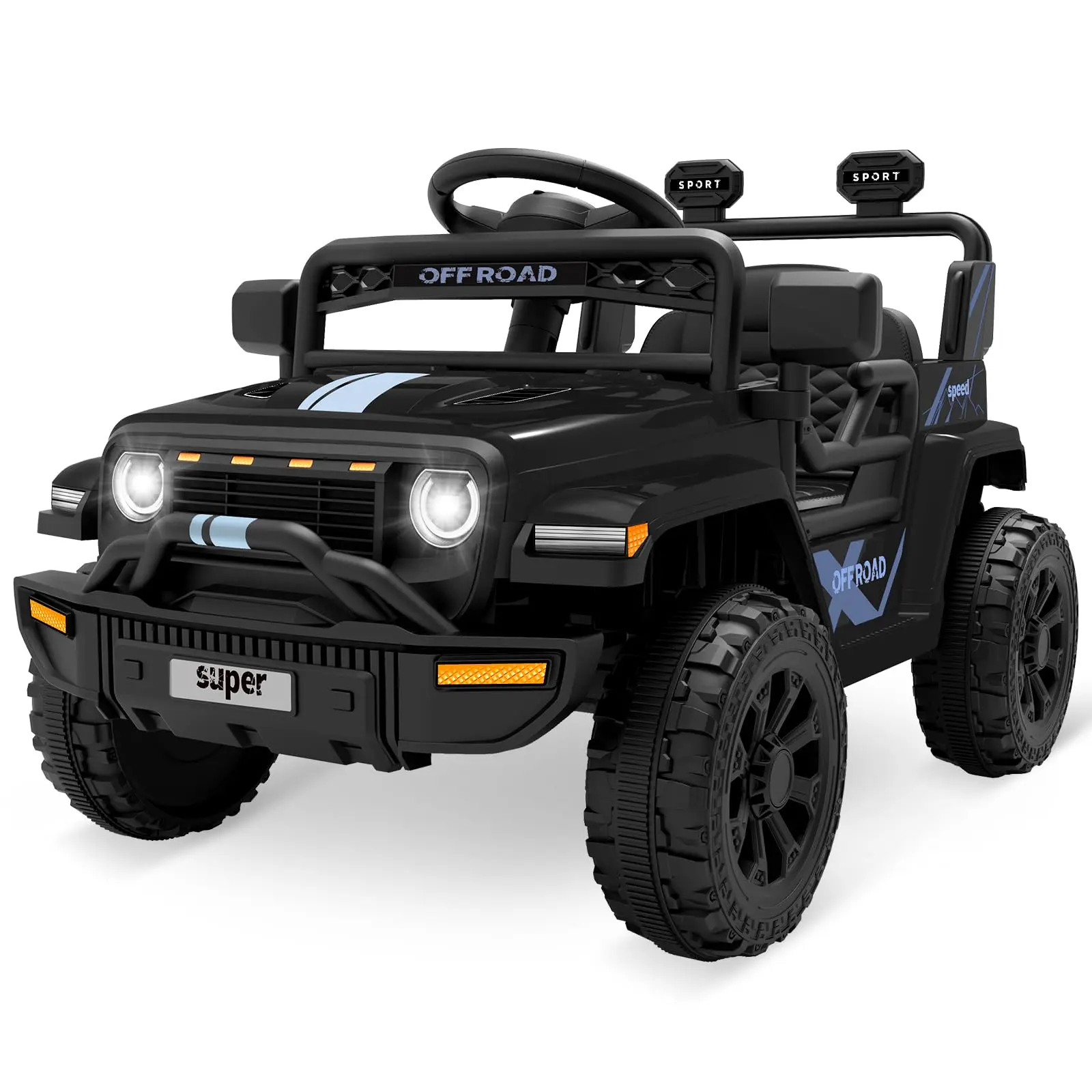GARVEE Durable 12V Electric Ride-On Truck for 3-5 Year Olds - Black, Parent Remote Control, Music-Enabled Steering Wheel, 4-Wheel Spring Suspension, LED Lights, 2 Speeds