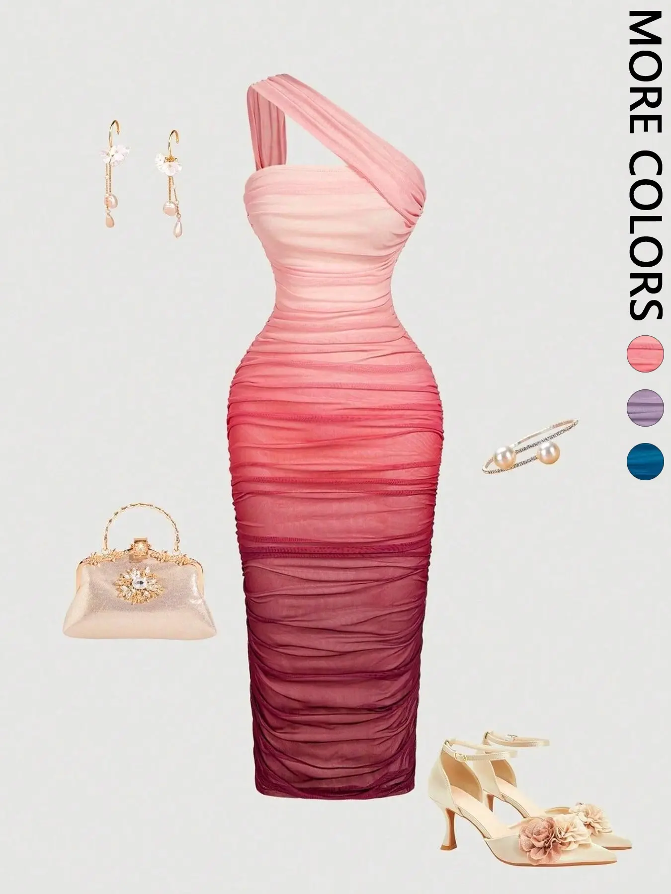 Women's Spring/Summer Ombre One-Shoulder Midi Dress, Ruched Mesh Bodycon Slim-Fit, Elegant Chic Style for Wedding Guest, Cocktail Party & Date Night