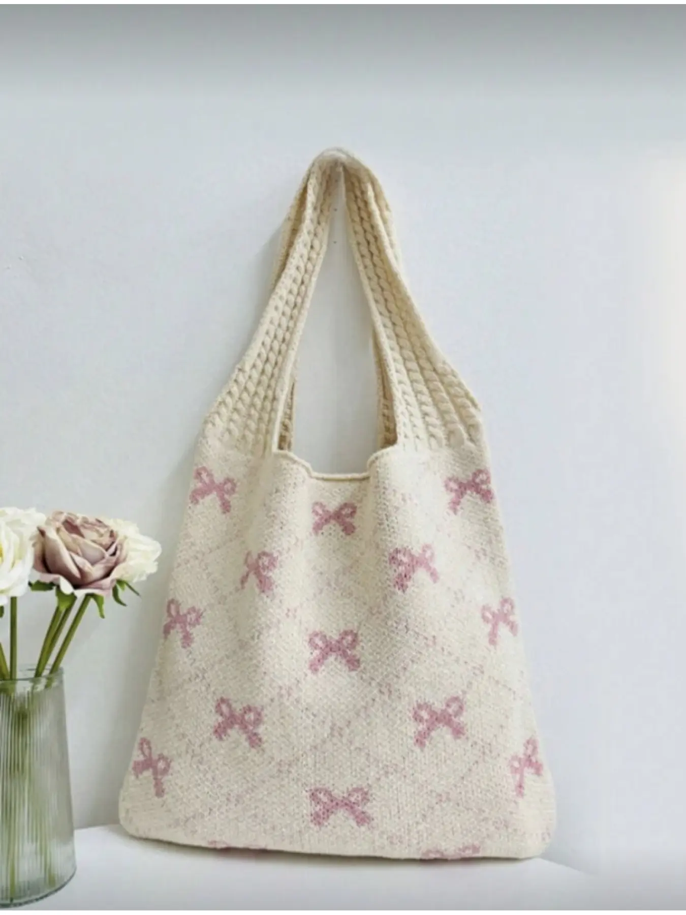 Women's Simple Large Capacity Bowknot Decoration Knitted Shopping Bag Casual Handbag Travel Tote Cute Bowknot Bag