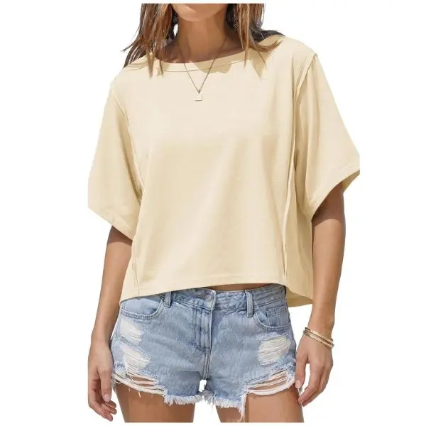 Fisoew Womens Oversized Crop Tops Summer Short Sleeve Crewneck T Shirts Casual Loose Basic Tee Workout Shirts