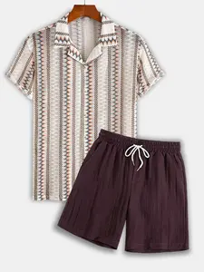 Men's Stretch Knit Jacquard Striped Short Sleeve Shirt & Linen Blend Shorts Set, Breathable Casual Tropical Summer for Beach Daily Vacation