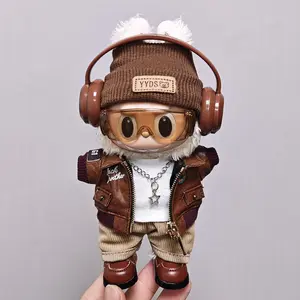 7 pcs Clothing Set For 17cm LABUBU Doll, Leather Jacket Set + shoes + sunglasses + Headphones + Necklace Accessories  for 6.7" Doll (Only Clothes No Doll)