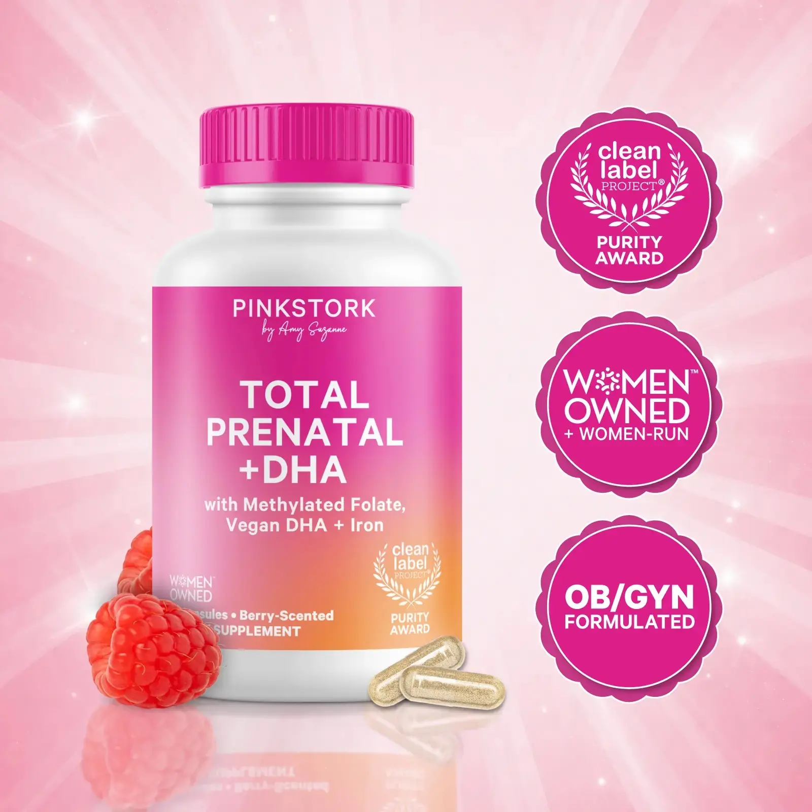 Pink Stork - Total Prenatal Vitamins with DHA, Iron, Methylated Folate | Mint or Berry Scent | Clean Label Purity| B6, B12, Choline, Vitamin D ( 60 caps )