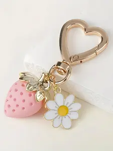 Cute Strawberry & Daisy Design Floral Pattern Keychain, Fashionable Keychain for Car, Bag, Handcrafted Keyring Accessory, Trendy All-match & Exquisite Keychain for Birthday Gift, Keychain Kawaii