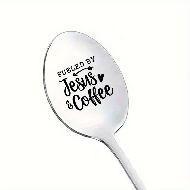 Inspirational Stainless Steel Engraved Spoon, Cutlery, Tableware, Utensils, Powered by Jesus & Coffee Design, Perfect Christian Gift, Ideal for Christmas Stocking Stuffer