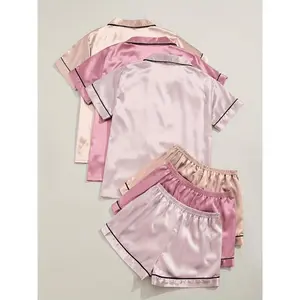 3 Sets Satin Pajamas Suit, Short Sleeve Polo Collar Top and Elastic Waist Shorts, Women's Pajamas and Homewear Loungewear Nightwear Elegant Chic Womenswear Pjs