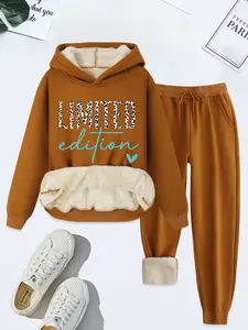 Women's Casual Hoodie Pants Set, Limited Edition Letter & Heart Print, Loose-Fit Thick Knit Fabric, Fall Winter