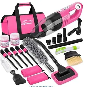 Car Cleaning Kit, Car Vacuum Interior Detailing Cleaner Kit with High Power Handheld Vacuum, Brush Set, Windshield Tool, Duster, Towels, Complete Car Care Tools for Women (Pink)