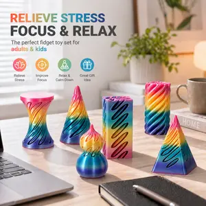 3D Printed Fidget Toys (6 Pack), Impossible Cone & Pyramid Spiral Toy, Optical Illusion Passthrough Desk Toys for Adults & Kids, Stress Relief Sensory Fidgets for Anxiety, Cool Office Gift
