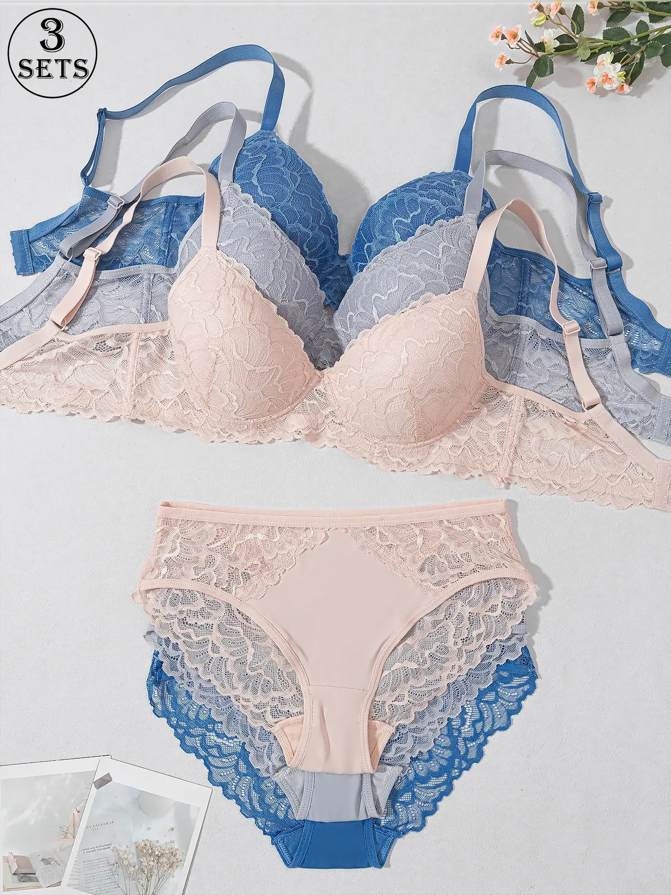 3 sets of solid color women's lace lingerie sets with underwire, deep V push-up 3D molded cups, lace stitching, adjustable straps, back hook closure to prevent side spillage, suitable for dating, commuting, home use, Clothing