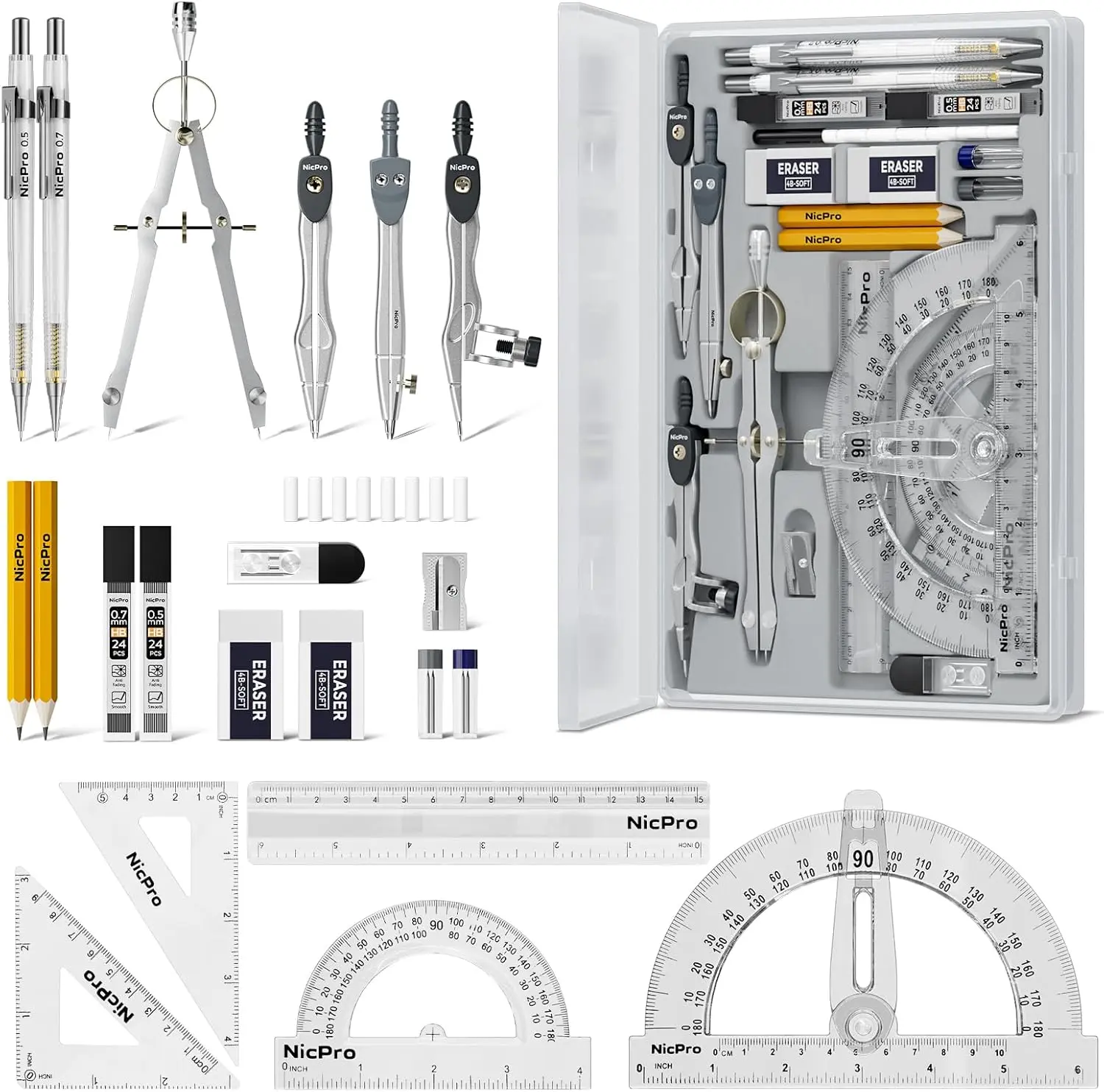 22 PCS Geometry Set with Case, Compass Geometry Tools & Drafting Kit with Swing Arm Protractor, Rulers, Metal Compass, Square Set & Mechanical Pencil, Math Supplies for Students & School