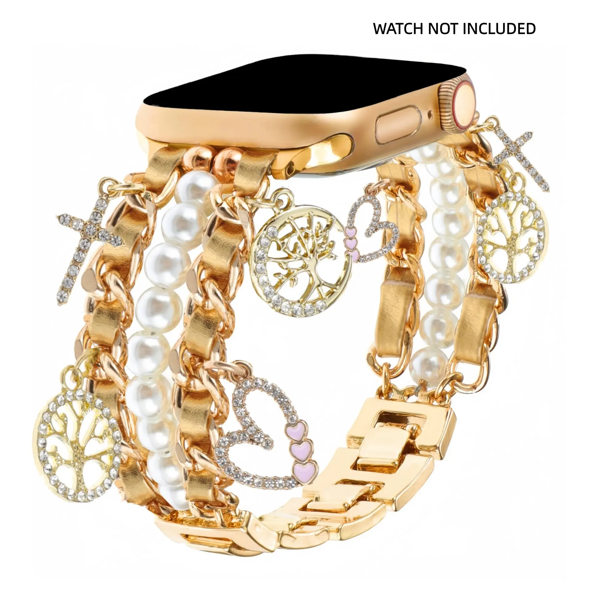 Pearl bead bracelet for Apple Watch strap 38 40 4142mm 44/45/46/49mm, Smart watch straps, Smartwatch accessories, Smart watch accessories, metal Cuban chain strap with heart pendant, suitable for iWatch series 11 10 9 8 7 6 5 SE Ultra women's wristband