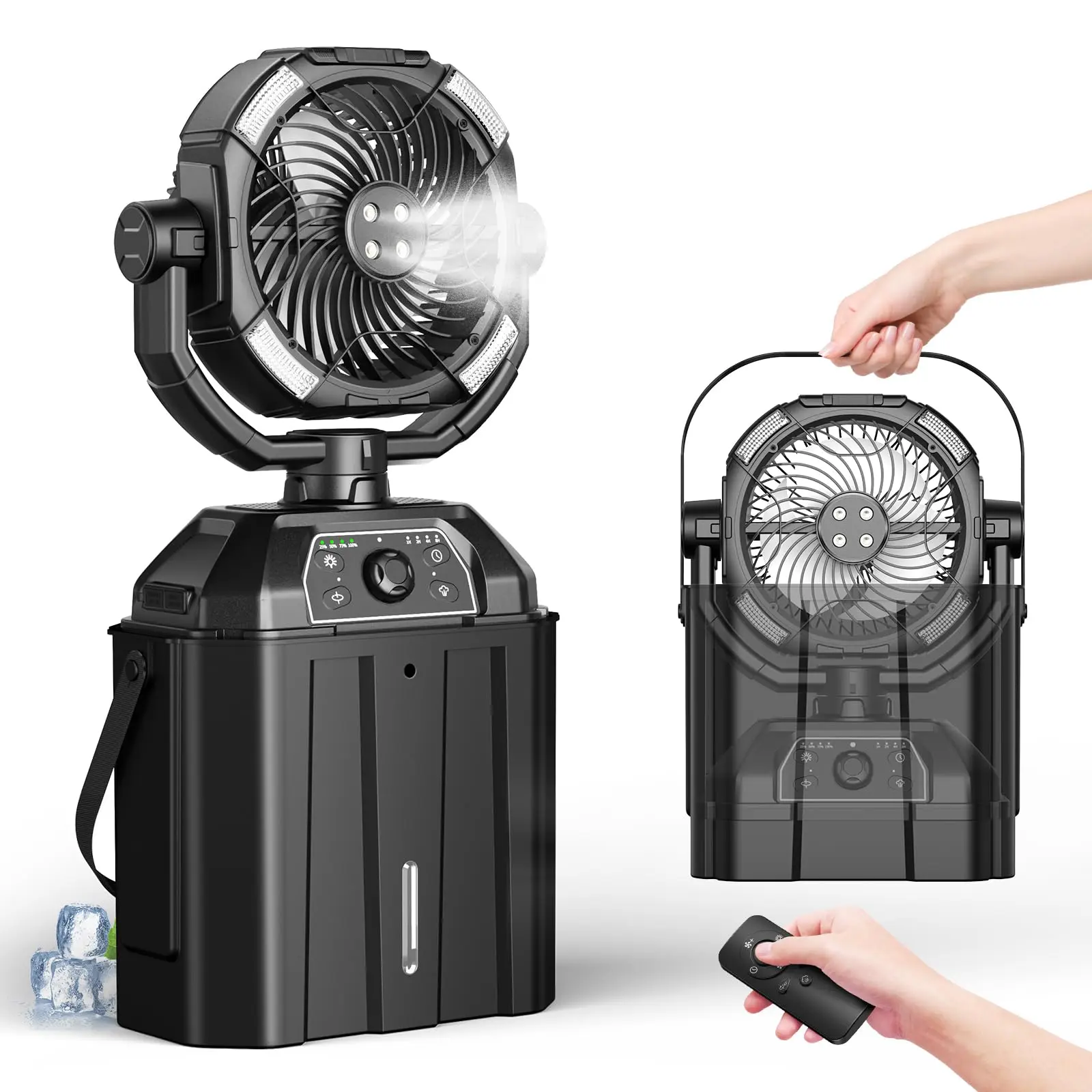 32000mAh Rechargeable Portable Camping Misting Fan with LED Light, Infinitely variable speed,4 Spray Mister with 6L Bucket,Remote & Hook,Cooling Fans for Patios, Tents, Travel, Fishing,Garden Party