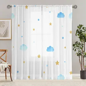 2pcs Cloud & Star Sheer Curtains Rod Pocket, Cute Window Drapes for Kids' Bedroom, Nursery & Playroom, Contemporary Style, Universal Setting, Room Decor Curtain